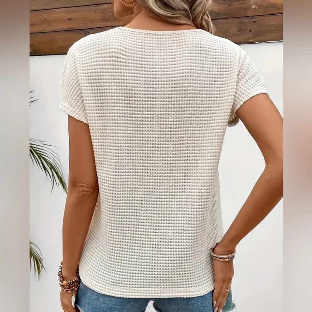 ❤️ Lace Splicing Crew Neck Sweater T-shirt, Casual Short Sleeve Top - Picture 4 of 4